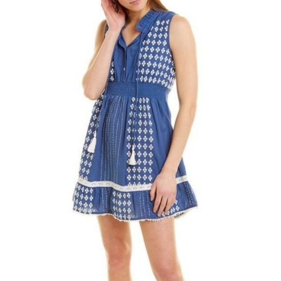 AREA STARS Embroidered Cotton Mini‎ Dress Blue Patterned Sleeveless Women Medium - Picture 1 of 14